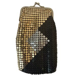 Vintage 70s Cigarette Case Metal Mesh Black Gold Kiss Lock Glam Glitz Retro